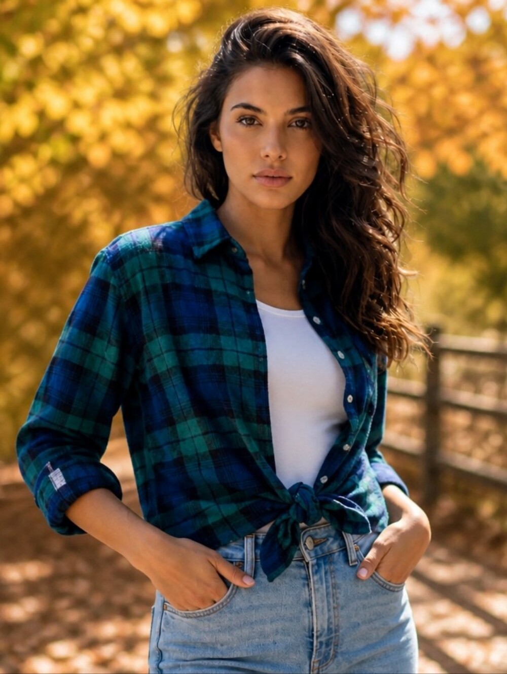 Style Envy Green Blue Plaid Tie Front Button Down Shirt Long Sleeves Lg
